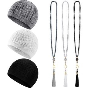قبعات Jiuguva Kufi للرجال وخرز الصلاة الإسلامي مجموعة 3 حرف يدوية قبعة متشابكة taqiyah و 3 tasbih 99 حبات