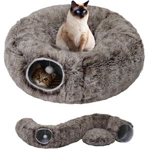 Cat Tunnel Bed for Indoor Cats with Washable Cushion Cat Cave Donut Tunnel with Fluffy Ball Big Round Tube Pet Playground Toys Soft Plush Peekaboo for Kitten, Cat, Puppy, Rabbit, Ferret