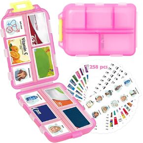 2 Pcs Pill Organizer with Medicine Labels, Travel Pill Box Daily Pill Case Mini Pill Container Pill Pockets Medication Organizer 7 Day DIY Pill Box for Purse(Pink, 258 Lables)