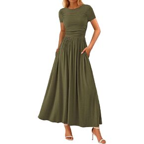 PRETTYGARDEN Women's Casual Dresses 2025 Summer Short Sleeve Ruched Patchwork A Line Pleated Swing Maxi Dress with Pockets