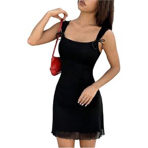 SweatyRocks Women's Ruffle Trim Knitted Mini Dress Casual Sleeveless Bow Sun Dress