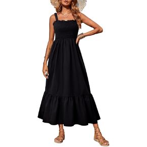 Youtalia Women's Smocked Maxi Dress Summer Boho Casual Square Neck A-Line Long Dresses Strap Beach Vacation Sundresses