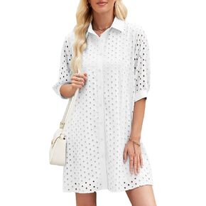 AMEBELLE Womens Summer Shirt Dress Eyelet Hollow Out Short Dress with 3/4 Sleeves Button Down Casual Dress Summer Beach Dress