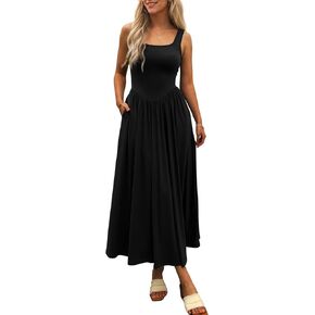 Women's Summer Maxi Dress 2025 - Sleeveless Square Neck Casual Beach Sundress with Pockets, Flowy Patchwork Knit