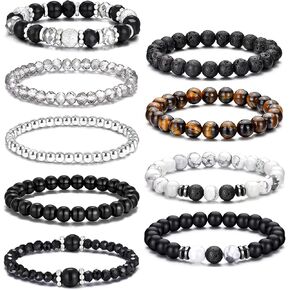 EIELO Beaded Stretch Bracelets for Men Women Natural Stone Tiger Eye Black Lava Rock Stretch Adjustable Black Boho Crystal Stackable Beaded Bracelets Set