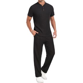 PrinStory Men's Short Sleeve Outfits Waffle Knit Henley Shirt and Pants Set Casual 2 Pieces Summer Tracksuits with Pockets in Saudi Arabia