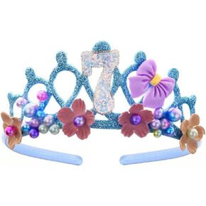 7th Birthday Crown for Girls, Birthday Headband Tiara Decoration with Bow for 7 Year Old