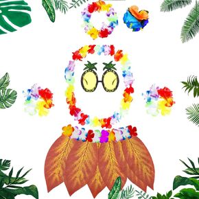 8Pcs Luau Outfits Hawaiian Aloha Flower Leaf Grass Hula Skirt Leis Set Hairclip Sunglasses Garland for Tropical Party