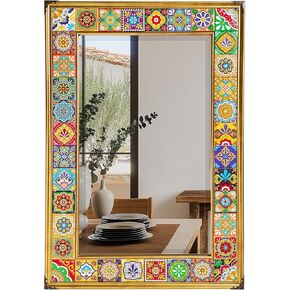 مرآة البلاط المكسيكية Talavera ، 24 × 36 بوصة مستطيل الفسيفساء الرجعية الذهب مرآة الحمام للجدار ، مرآة وحدة البحر المتوسط ​​الإسبانية للدخول ، غرفة الطعام ، الغرور ، غرفة المعيشة