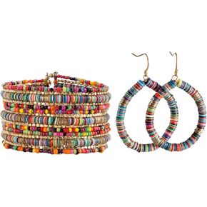 SPUNKYsoul Boho Beaded Jewelry Bundle – Multicolor Hoop Earrings & Stacked Cuff Bracelet