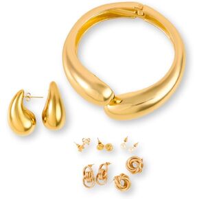 Gold Earing Set with Necklace or Bracelet - Matching Golden Designer Jewelry for Women - Hypoallergenic Stainless Steel Non Tarnish Gold Jewelry Collection - Trendy Women's Jewelry Gift Set -