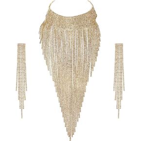 Flyonce Sparkly Rhinestone Costume Statement Jewelry, Tassel Chunky Collar Necklace With Long Chandelier Earrings