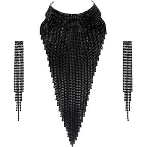 Flyonce Sparkly Rhinestone Costume Statement Jewelry, Tassel Chunky Collar Necklace With Long Chandelier Earrings in Kuwait