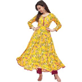 Tissu Women's Rayon Yellow & Rani Floral Printed A-Line Kurta in Kuwait