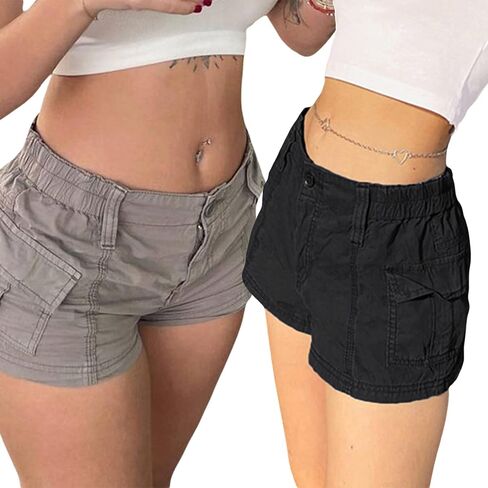 Womens Y2k Cargo Shorts Low Elastic Shorts E-Girl Slim Fit Cargo Micro Short Sweatpant Harajuku Streetwear in Kuwait