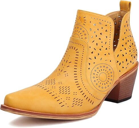 UTIKLIOU Women's Ankle Boots Slip on Cutout Pointed Toe Chunky Stacked Mid Heel Boots Faux Leather Short Booties in Saudi Arabia