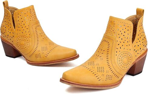 UTIKLIOU Women's Ankle Boots Slip on Cutout Pointed Toe Chunky Stacked Mid Heel Boots Faux Leather Short Booties in Saudi Arabia