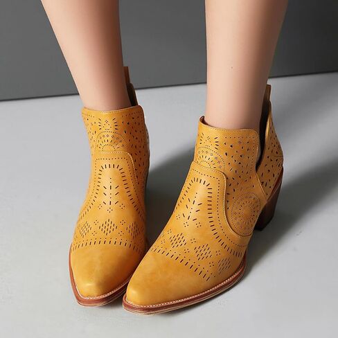 UTIKLIOU Women's Ankle Boots Slip on Cutout Pointed Toe Chunky Stacked Mid Heel Boots Faux Leather Short Booties in Saudi Arabia