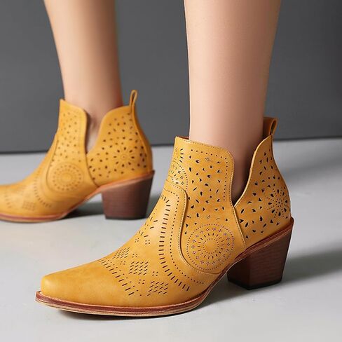 UTIKLIOU Women's Ankle Boots Slip on Cutout Pointed Toe Chunky Stacked Mid Heel Boots Faux Leather Short Booties in Saudi Arabia