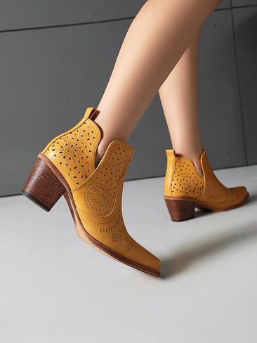 UTIKLIOU Women's Ankle Boots Slip on Cutout Pointed Toe Chunky Stacked Mid Heel Boots Faux Leather Short Booties in Saudi Arabia
