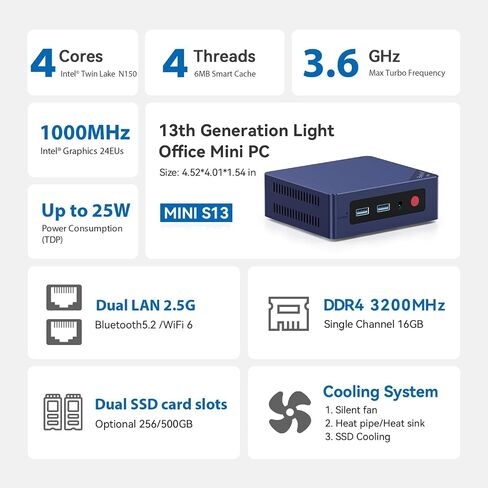 Beelink 4 Cores 11th Gen Intel N5095 Mini-S Mini PC, 8GB RAM 128GB SSD Gigabit Ethernet, 2.4G/ 5.0G WiFi, BT4.0, Dual HDMI Business Mini Desktop Computer, HTPC in Kuwait