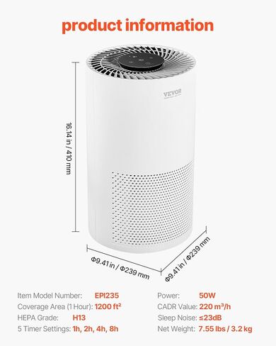 VEVOR Air Purifier for Bedroom Home, H13 HEPA Layer, 1344 ft²/h Smart Air Purifier with Speed Control & Child Lock Guard, Efficient Air Cleaner with Convenient Touch Panel & 22 dB Sleep Mode in Saudi Arabia