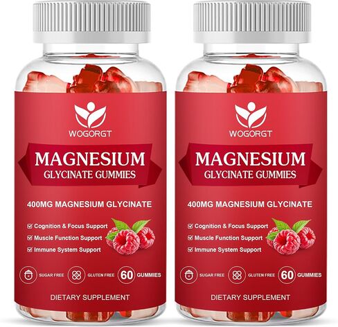 Magnesium Glycinate Gummies - 400mg Magnesium Glycinate Gummies with Vitamin D, B6, and CoQ10, Magnesium Supplement for Relaxation and Cognition, Sugar Free - 60 Raspberry Gummies (2 Pack) in Saudi Arabia