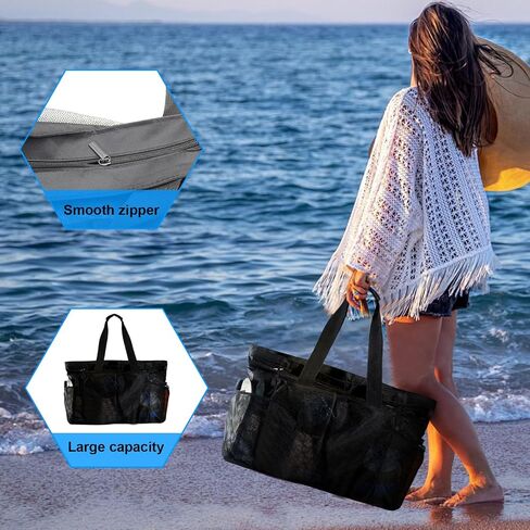 Mesh Beach Bag, Extra Large Beach Tote Bag Foldable Pool Bag with Zipper Pocket for Family Vacation Essentials in Saudi Arabia