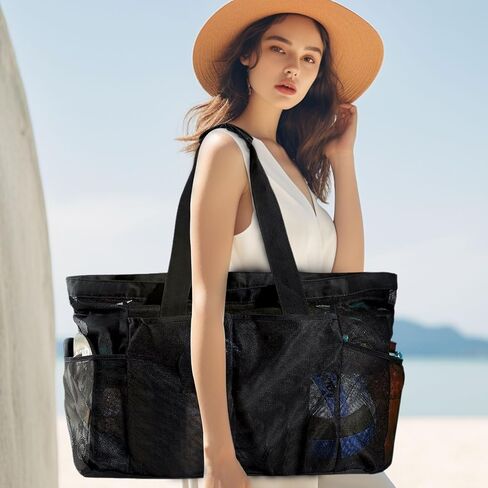 Mesh Beach Bag, Extra Large Beach Tote Bag Foldable Pool Bag with Zipper Pocket for Family Vacation Essentials in Saudi Arabia