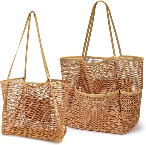 2 Pcs Mesh Beach Bags, 2 Sizes Causal Beach Bags for Women, Beach Tote Bag with Mini Pocket, Pool Bag for Travel (Khaki) in Saudi Arabia