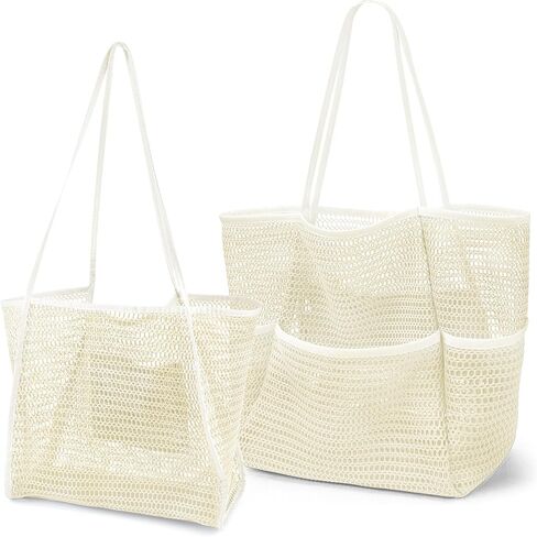 2 Pcs Mesh Beach Bags, 2 Sizes Causal Beach Bags for Women, Beach Tote Bag with Mini Pocket, Pool Bag for Travel (Khaki) in Saudi Arabia
