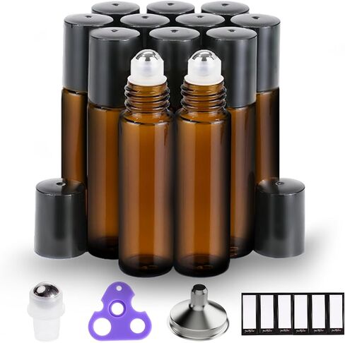 PrettyCare Set of 12, 10 ml Amber Glass Roller Bottles for Essential Oil with Stainless Steel Roller Ball - Refillable Leak-proof Empty Roll on Bottles with Black Caps for Travel, Perfume in Saudi Arabia