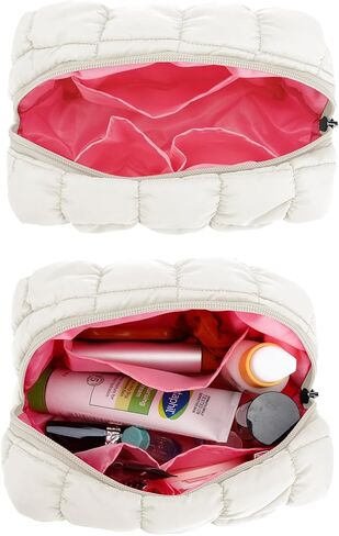 E-Tree Cute Makeup Bag,Quilted Cosmetic Bag,Make up Pouch for Purse,Toiletry Zipper Pouch,Checkered Bag,Travel Case,Storage Pouches for Organization (Hot Pink) in Kuwait