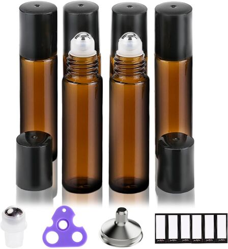 PrettyCare Set of 12, 10 ml Amber Glass Roller Bottles for Essential Oil with Stainless Steel Roller Ball - Refillable Leak-proof Empty Roll on Bottles with Black Caps for Travel, Perfume in Saudi Arabia