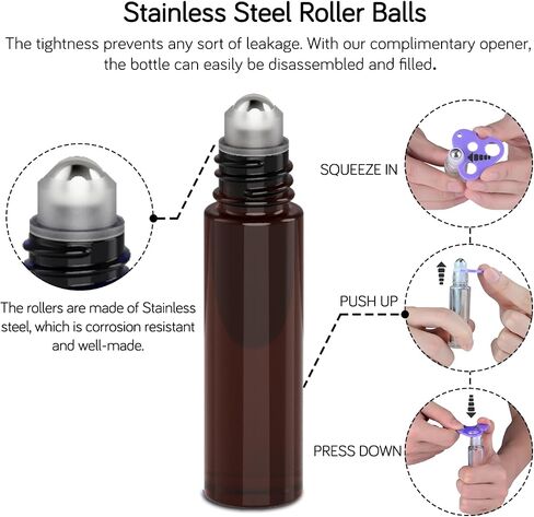 PrettyCare Set of 12, 10 ml Amber Glass Roller Bottles for Essential Oil with Stainless Steel Roller Ball - Refillable Leak-proof Empty Roll on Bottles with Black Caps for Travel, Perfume in Saudi Arabia
