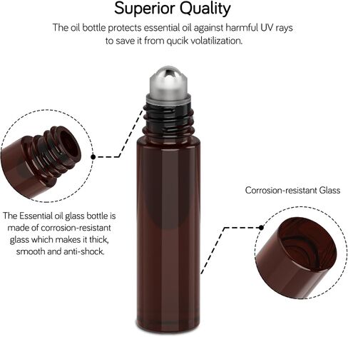 PrettyCare Set of 12, 10 ml Amber Glass Roller Bottles for Essential Oil with Stainless Steel Roller Ball - Refillable Leak-proof Empty Roll on Bottles with Black Caps for Travel, Perfume in Saudi Arabia