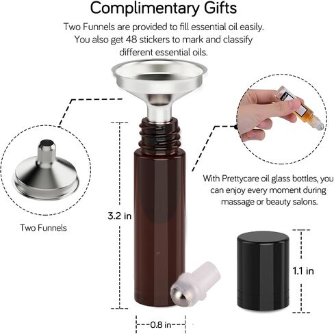 PrettyCare Set of 12, 10 ml Amber Glass Roller Bottles for Essential Oil with Stainless Steel Roller Ball - Refillable Leak-proof Empty Roll on Bottles with Black Caps for Travel, Perfume in Saudi Arabia