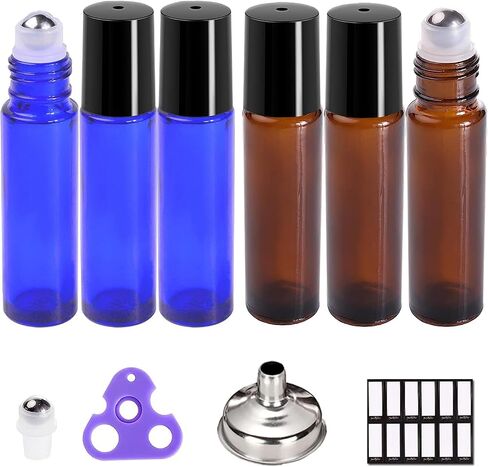 PrettyCare Set of 12, 10 ml Amber Glass Roller Bottles for Essential Oil with Stainless Steel Roller Ball - Refillable Leak-proof Empty Roll on Bottles with Black Caps for Travel, Perfume in Saudi Arabia