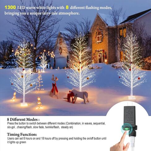 6FT Enchanting Birch Tree with 1300 LED Lights, Twinkle Light White Christmas Tree with Timer IP44 Waterproof for Indoor Outdoor Festival Wedding Party Christmas Decorations in Saudi Arabia