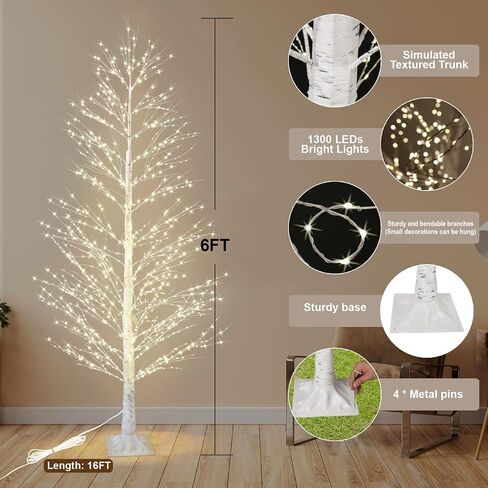 6FT Enchanting Birch Tree with 1300 LED Lights, Twinkle Light White Christmas Tree with Timer IP44 Waterproof for Indoor Outdoor Festival Wedding Party Christmas Decorations in Saudi Arabia