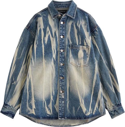 Denim Shirt Men,Bleached Denim Button-Down Shirt,Distressed Acid Wash Pattern in Saudi Arabia