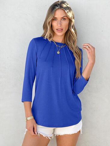 ANRABESS Women Dressy Casual Blouse 3/4 Sleeve Shirts Pleated Round Neck Business Work Tunic Tops Spring Summer Tees in Saudi Arabia