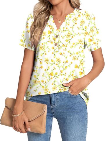 CATHY Womens Summer Tunic Tops Short Sleeve V-neck Henley Shirts Trendy Button Blouses in Kuwait