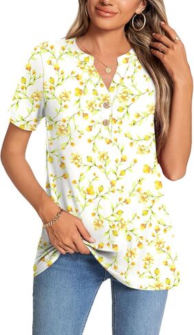 CATHY Womens Summer Tunic Tops Short Sleeve V-neck Henley Shirts Trendy Button Blouses in Kuwait