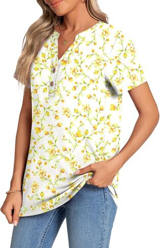 CATHY Womens Summer Tunic Tops Short Sleeve V-neck Henley Shirts Trendy Button Blouses in Kuwait