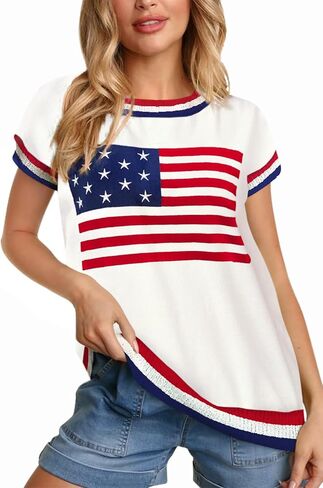 لـ G و PL للنساء في الرابع من يوليو USA CAP Flag Cap قصير الأكمام أعلى أبيض أحمر أزرق ستار ستريب in Kuwait