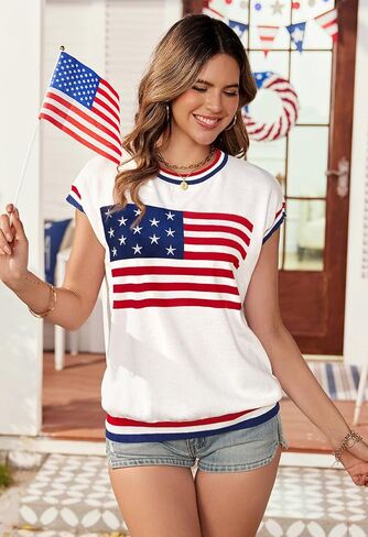 لـ G و PL للنساء في الرابع من يوليو USA CAP Flag Cap قصير الأكمام أعلى أبيض أحمر أزرق ستار ستريب in Kuwait