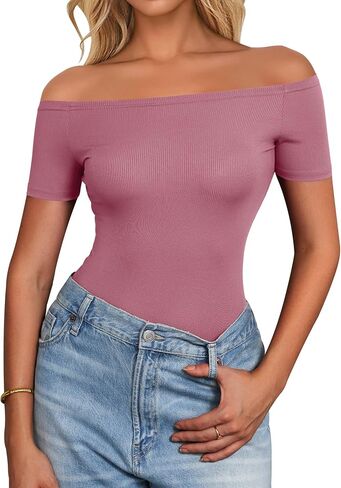 Sexy Off The Shoulder Tops for Women Summer Short Sleeve Shirts Ribbed Slim Fitted Trendy Going Out Tops in Kuwait