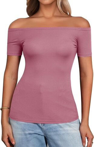 Sexy Off The Shoulder Tops for Women Summer Short Sleeve Shirts Ribbed Slim Fitted Trendy Going Out Tops in Kuwait