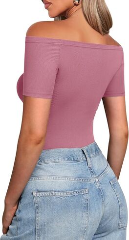 Sexy Off The Shoulder Tops for Women Summer Short Sleeve Shirts Ribbed Slim Fitted Trendy Going Out Tops in Kuwait